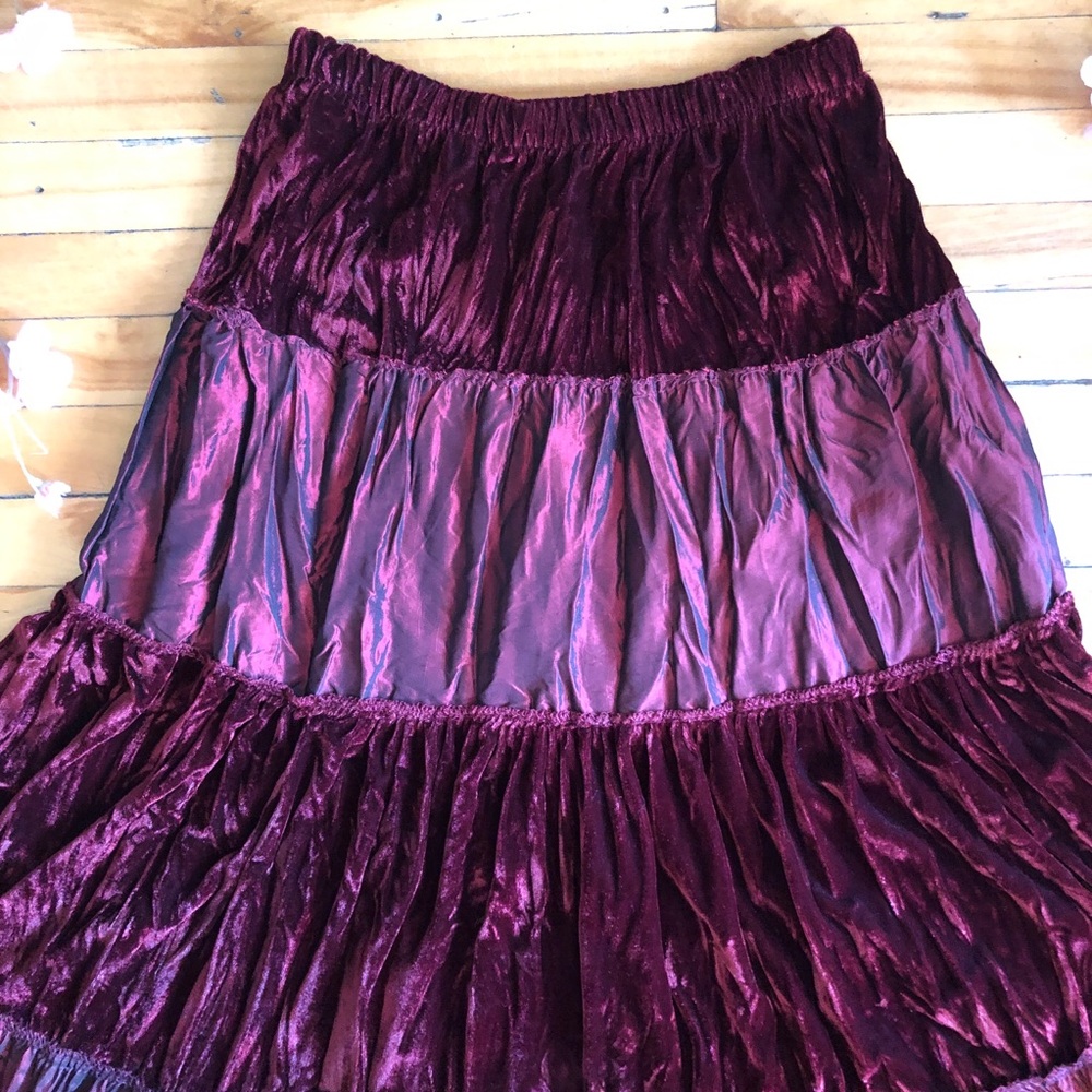 Vintage 90s/Y2K Tiered Burgundy Velvet Tafetta Whimsigoth Bohemian Skirt M - Picture 5 of 8